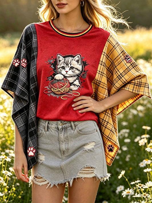Women’s Germany Cute Cat Retro Checked Patchwork Print Casual Batwing Sleeve T-shirt