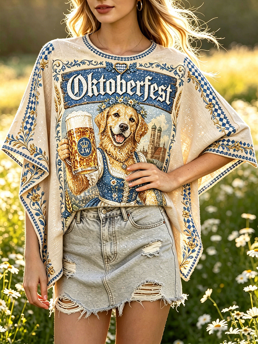 Women’s German Bavarian Cute Dog Beer Print Casual Loose-Fit T-shirt