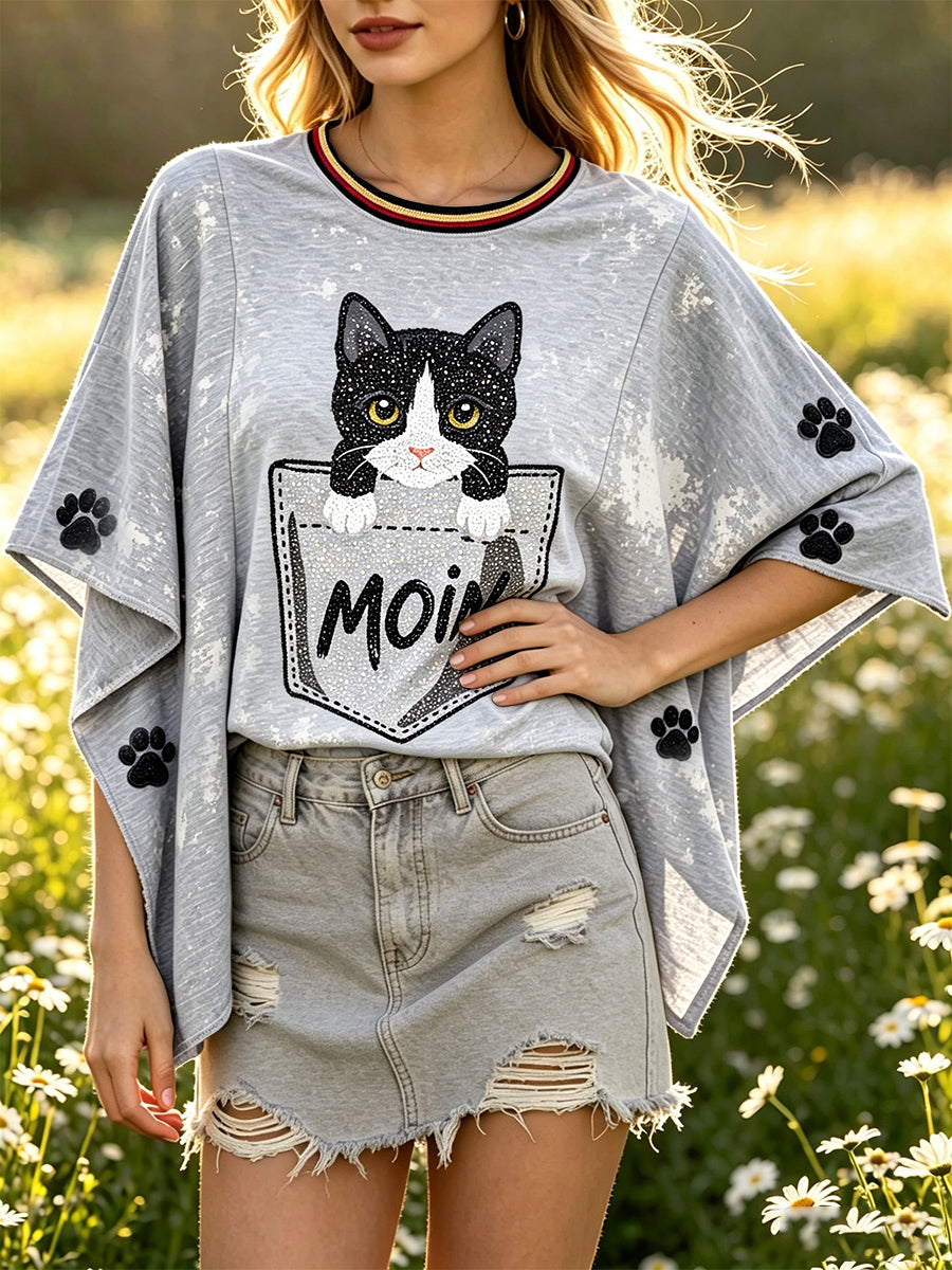 Women’s Grey German-Style Cute Cat Print Casual Loose-Fit Batwing Sleeve T-shirt