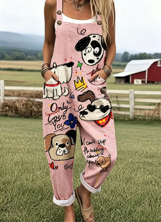 Women's Vintage  Animal Dog Print Casual Strap Pants
