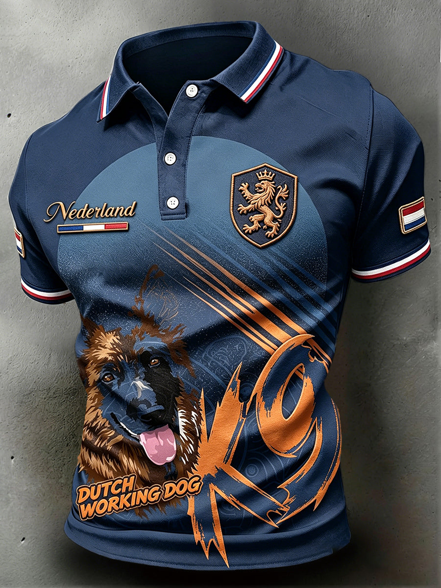 Men’s Dark Blue Dutch Veteran Workwear Dog-Print Casual Polo Shirt