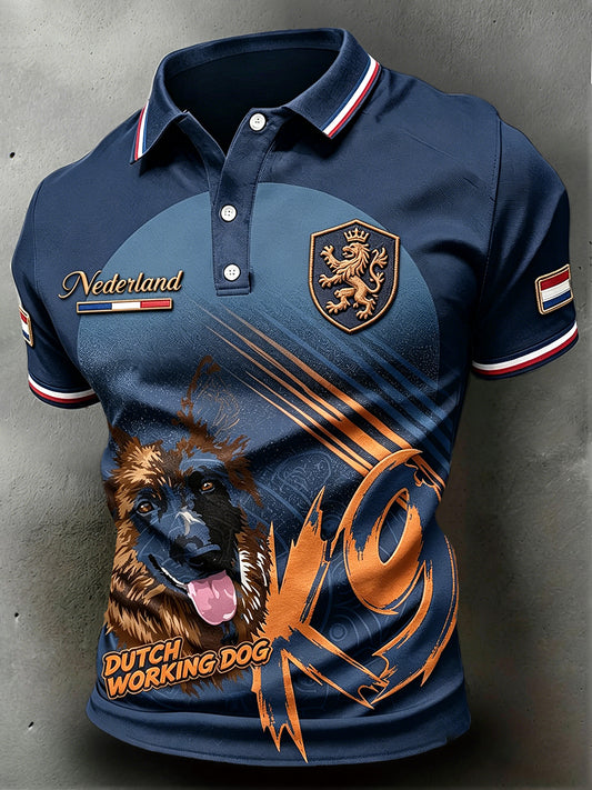 Men’s Dark Blue Dutch Veteran Workwear Dog-Print Casual Polo Shirt