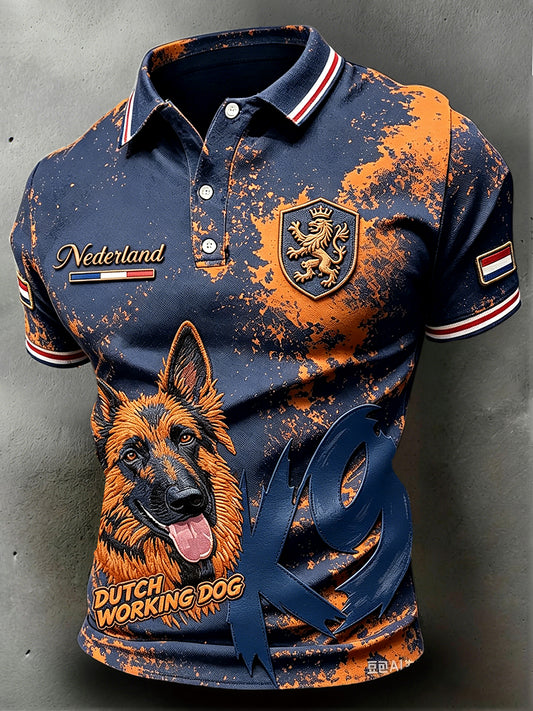 Men’s Dark Blue Dutch Veteran Workwear Dog Graffiti Print Casual Polo Shirt