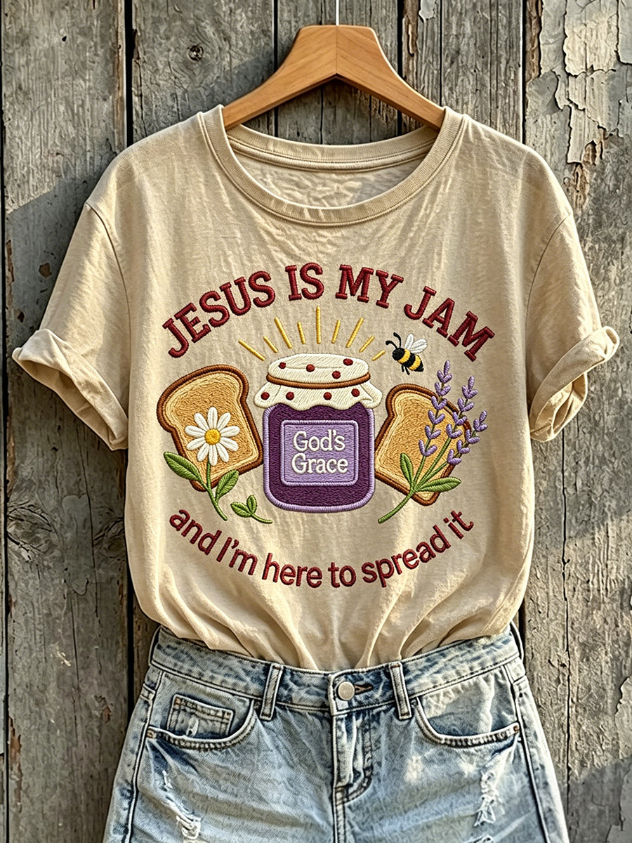 Women's Vintage Jesus Is My Jam Print Round Neck Short-sleeved T-shirt