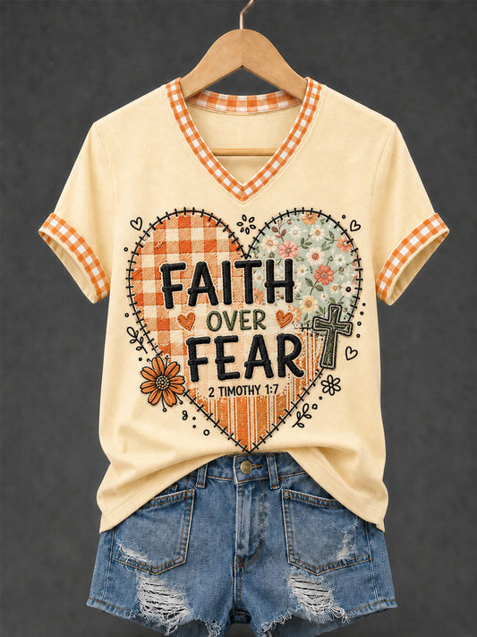 Women's Faith Over Fear Plaid Print Casual V-Neck Tee