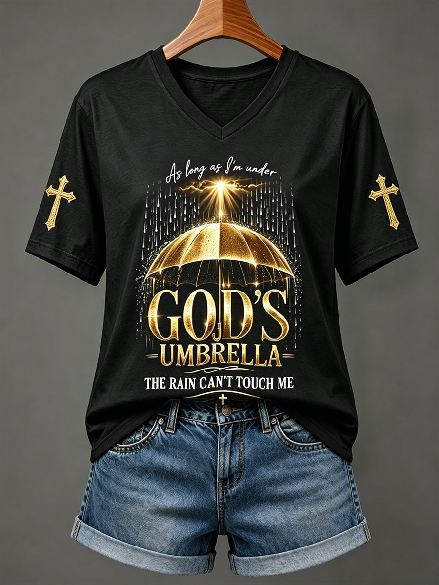 Women's God’s Umbrella Cross Print V Neck Short-sleeved T-shirt