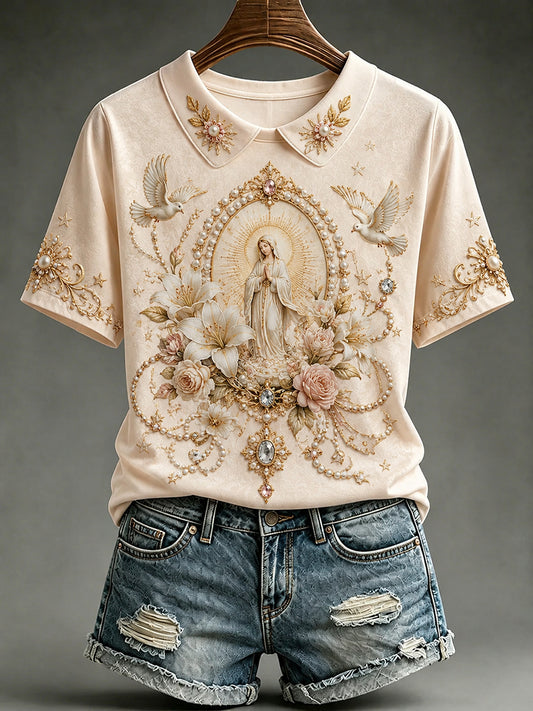 Women's Assumption of Mary Print Fake Two-Piece Collared T-shirt