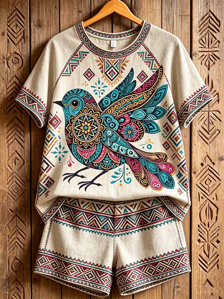 Women's Retro Tribal Texture Print Casual T-Shirt Set