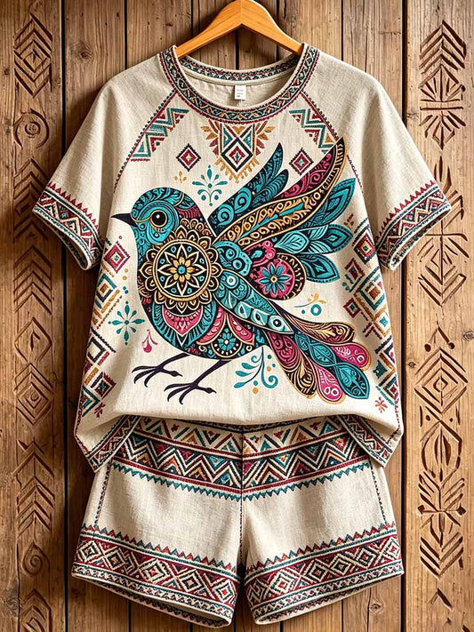 Women's Retro Tribal Texture Print Casual T-Shirt Set