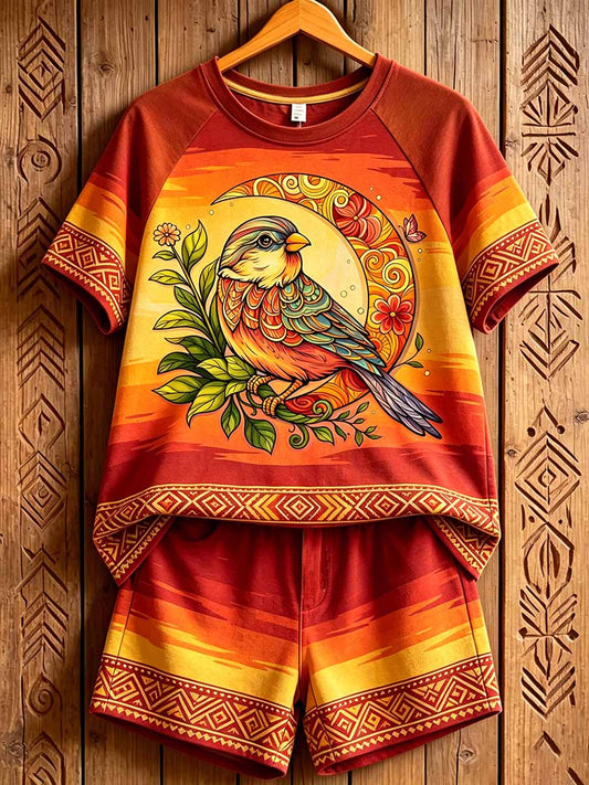 Women's Retro Tribal Texture Print Casual T-Shirt Set