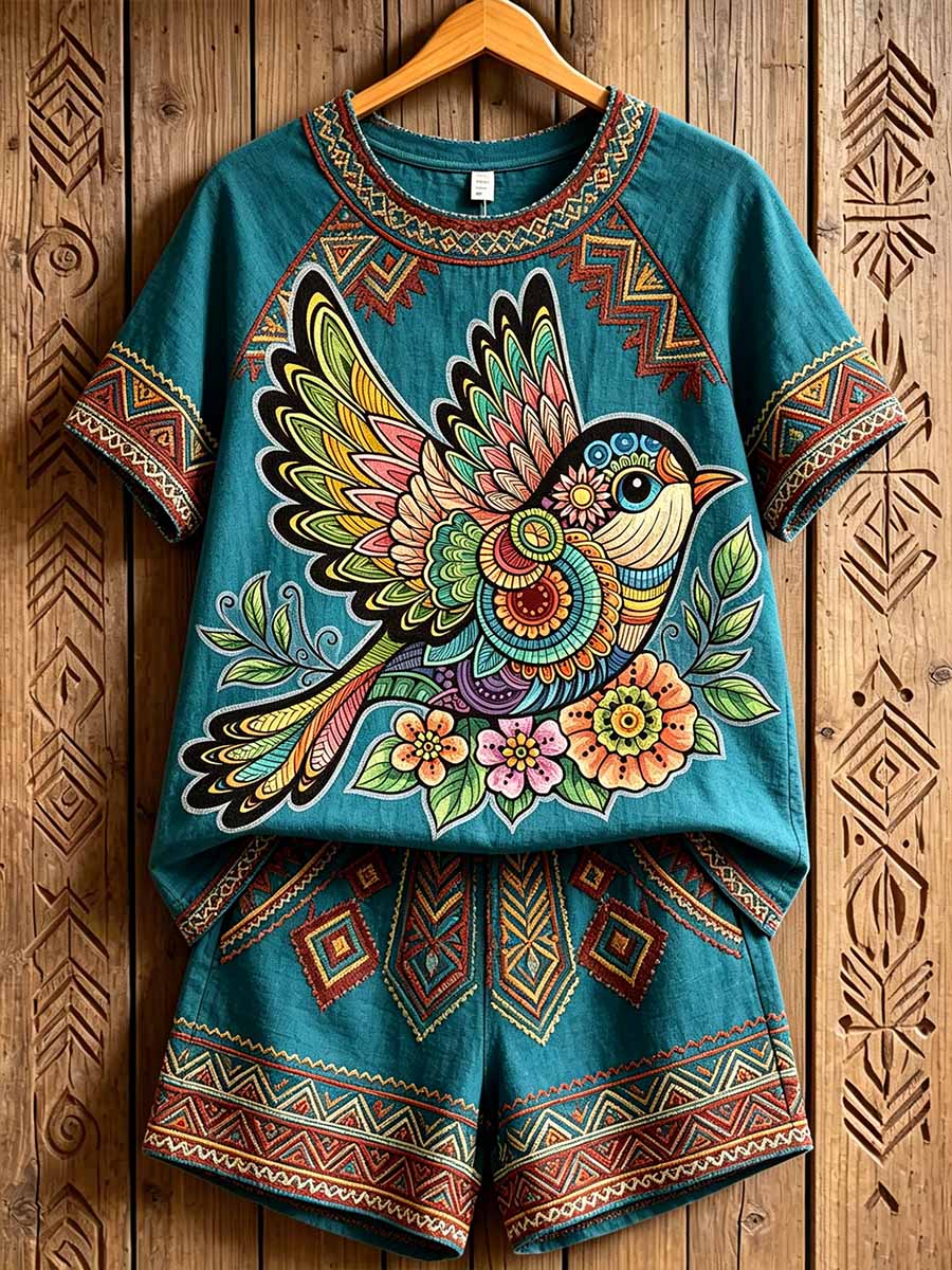Women's Retro Tribal Texture Print Casual T-Shirt Set