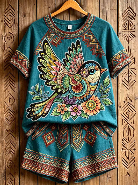 Women's Retro Tribal Texture Print Casual T-Shirt Set