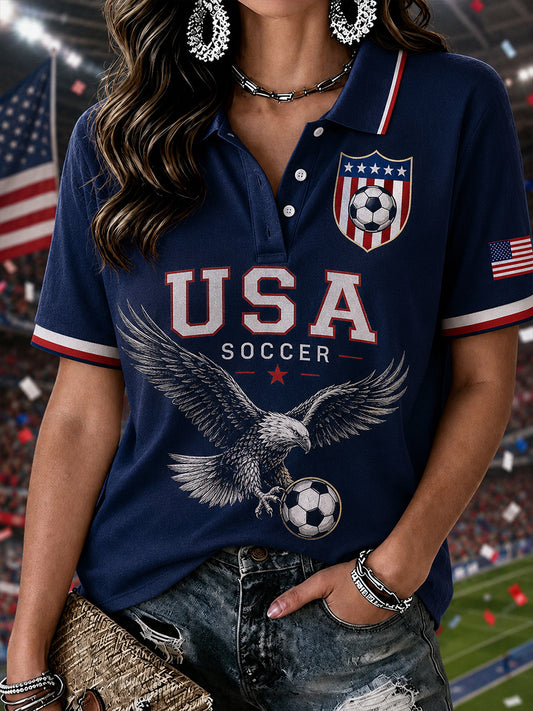 Women's Short-Sleeved Polo Shirt With Football Print