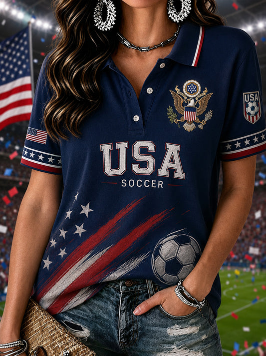 Women's Short-Sleeved Polo Shirt With Football Print