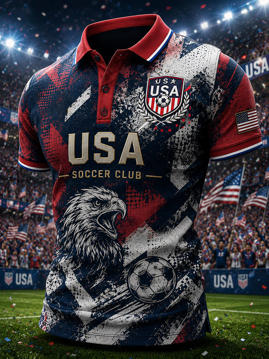 Men's Soccer-Themed Printed Short-Sleeved Polo Shirt