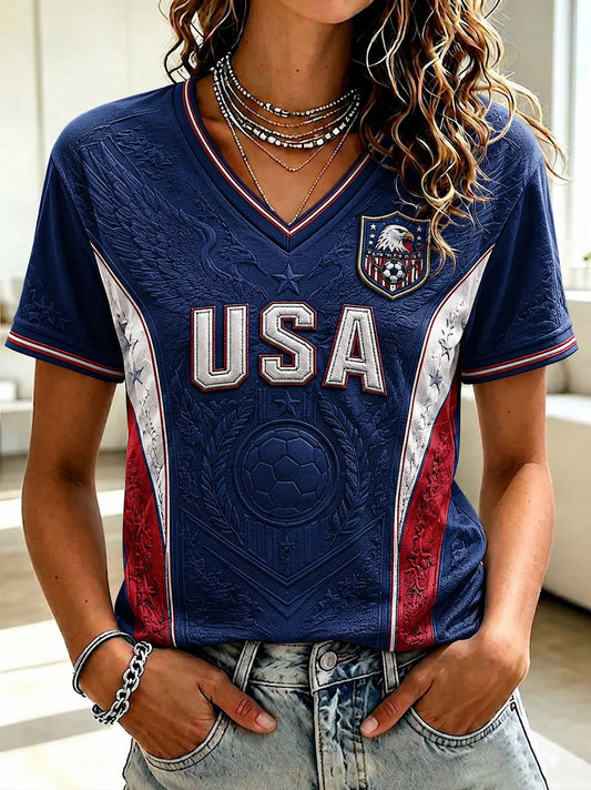 Women's USA Football Printed V-neck T-shirt