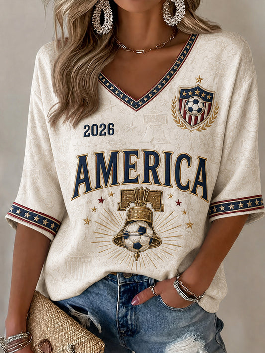 Women's Gift For Soccer Fans Print  Mid-length Sleeves V-Neck T-Shirt