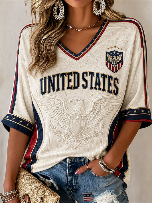 Women's USA Soccer Mid-length Sleeves V-Neck T-Shirt