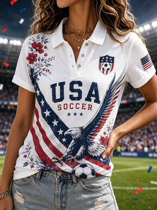 Women's Short-Sleeved Polo Shirt With Artistic Football Print