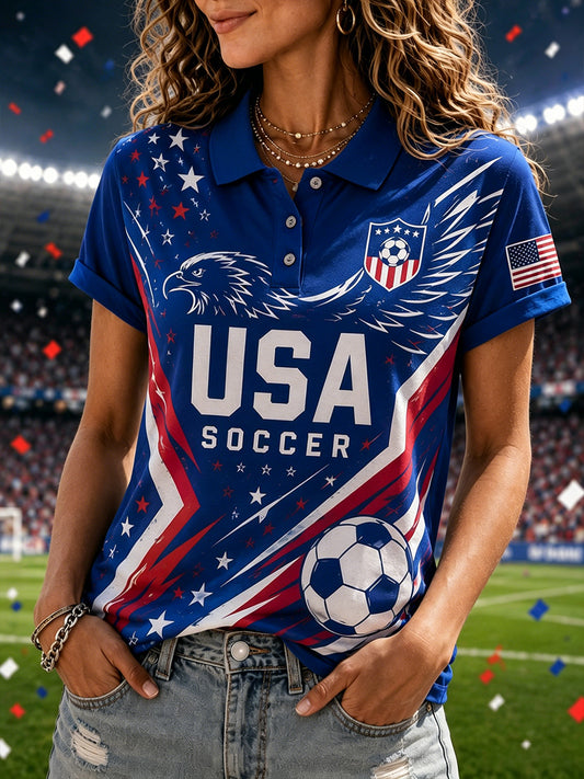 Women's Short-Sleeved Polo Shirt With Artistic Football Print