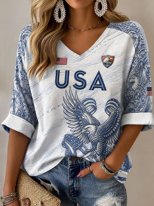 Women's USA Soccer Mid-length Sleeves V-Neck T-Shirt