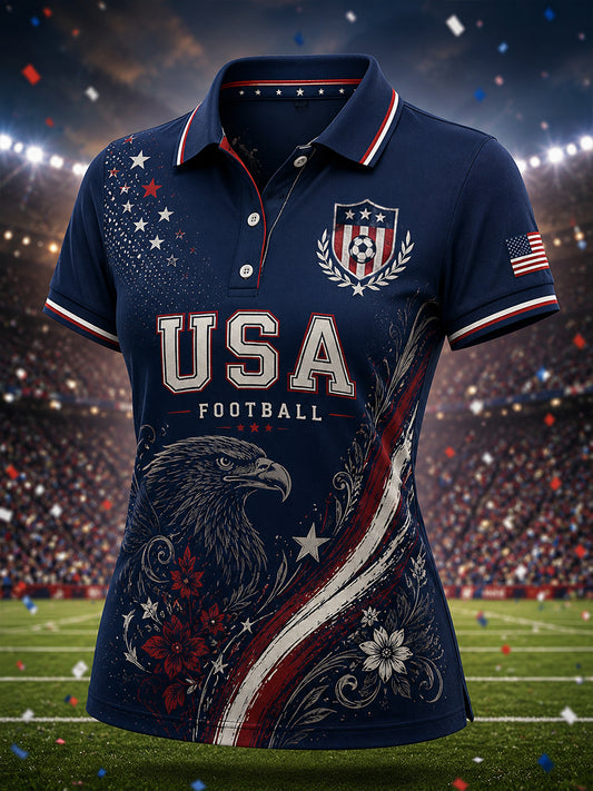 Women's Short-Sleeved Polo Shirt With Artistic Football Print