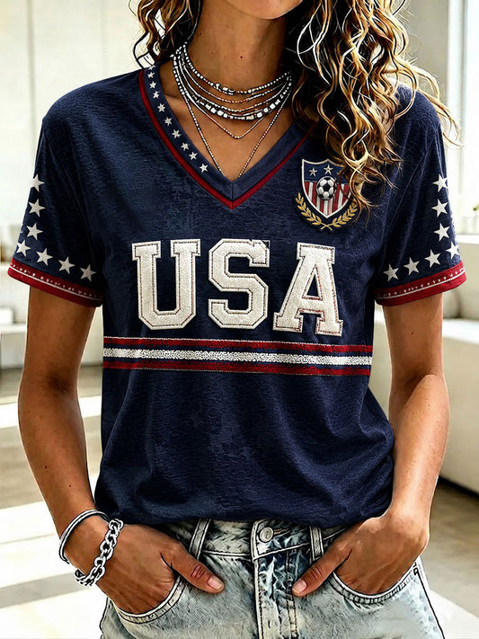 Women's USA Football Printed V-neck T-shirt