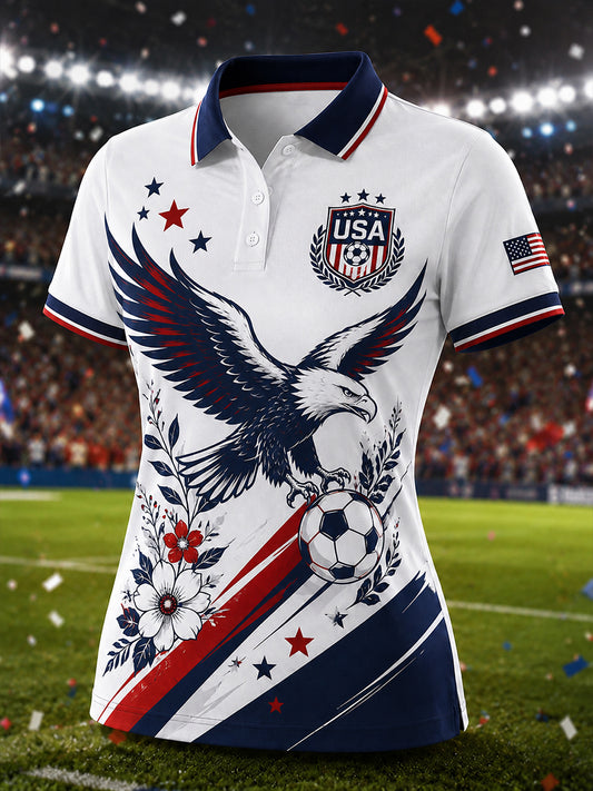 Women's Short-Sleeved Polo Shirt With Artistic Football Print