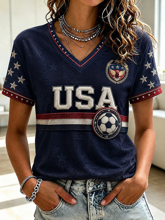 Women's USA Football Printed V-neck T-shirt