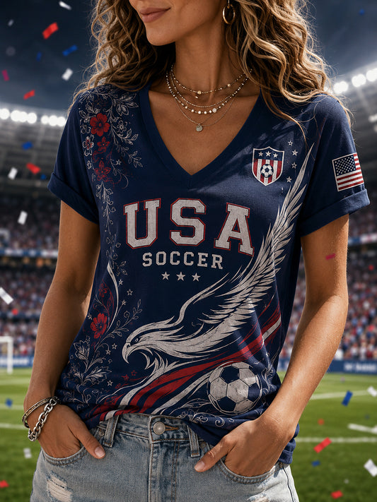 Women's Artistic Football-Themed Print V-Neck Short-Sleeved Top