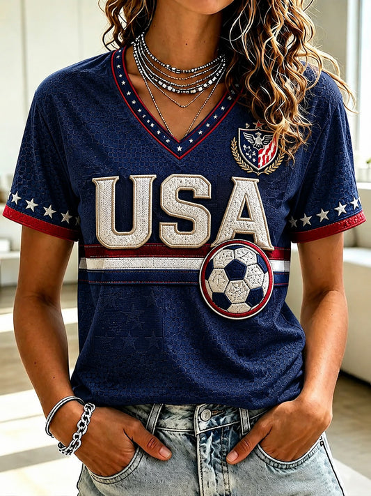 Women's USA Football Printed V-neck T-shirt