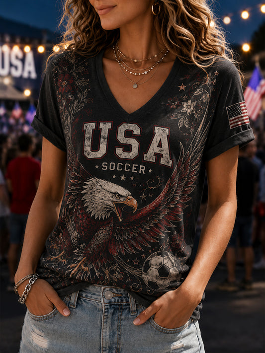 Women's Artistic Football-Themed Print V-Neck Short-Sleeved Top