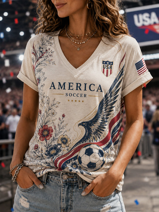 Women's Artistic Football-Themed Print V-Neck Short-Sleeved Top