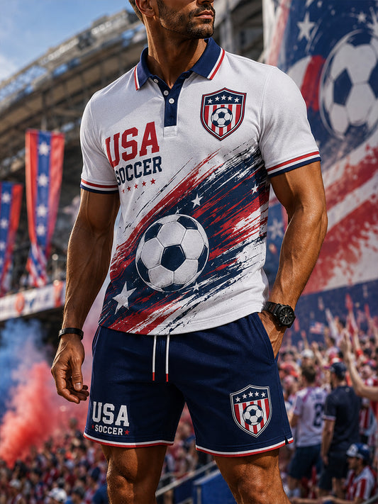 Men's Soccer-Themed Printed Short-Sleeved Polo Shirt Suit