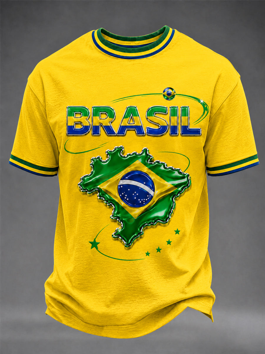Men's Brazil Football Fan Gift Printed Short Sleeve T-Shirt