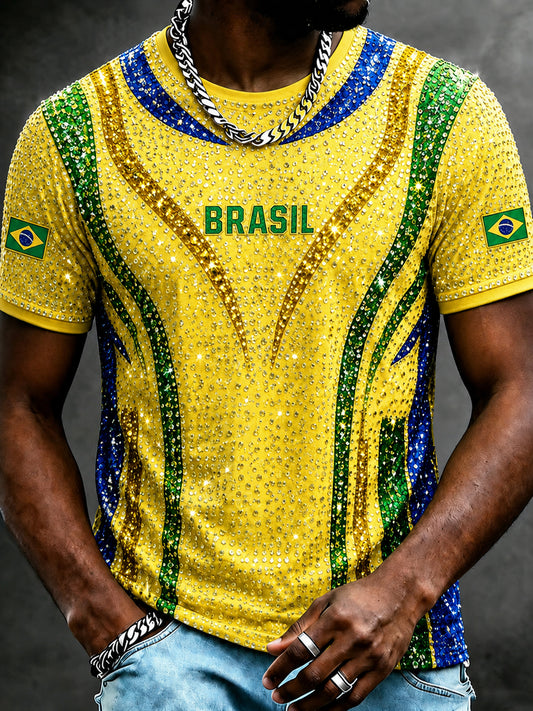 Men's Brazil Football Fan Gift Printed Short Sleeve T-Shirt