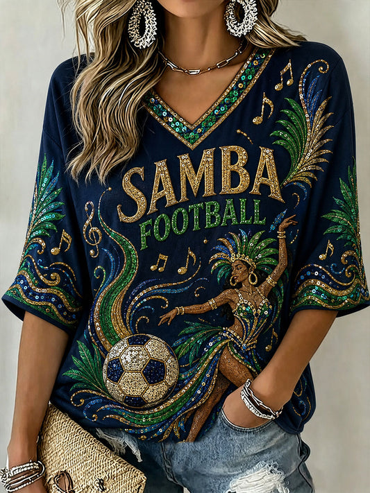 Women's Samba Football Mid-length Sleeves V-Neck T-Shirt