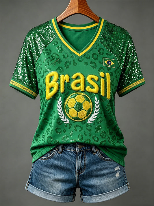 Women's Brazilian Football Glitter Art Print V-neck Short-sleeved T-shirt