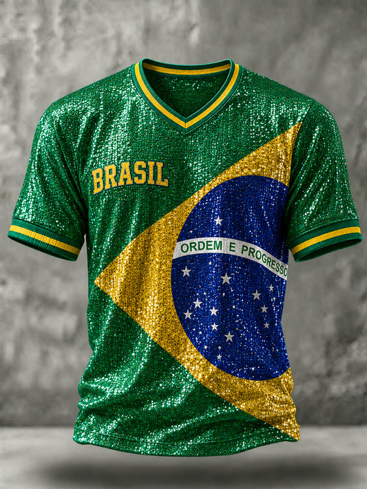 Men's  Brazil Football Fan Gift Art V-neck Short Sleeve T-shirt