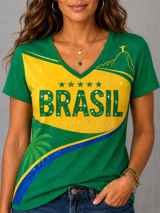 Women's Brasil Print Casual V-Neck Tee