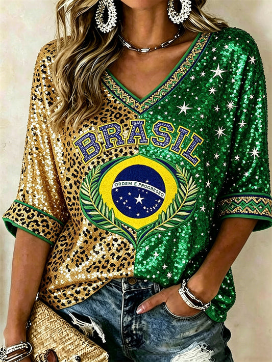 Women's Brasil Football Flag & Leopard Contrast Gradient Print Mid-length Sleeves V-Neck T-Shirt