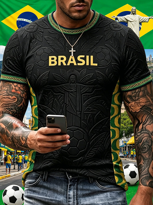 Men's Brazilian Football Inspired Pattern Print Short Sleeves T-shirt
