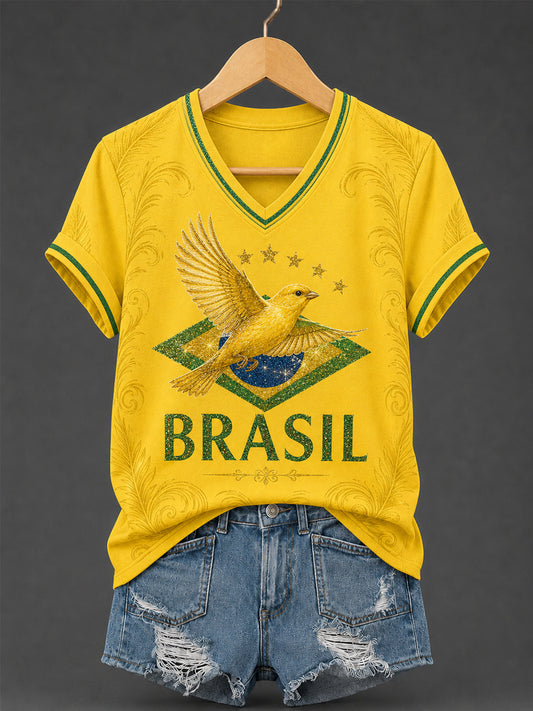 Women's Brasil Print Casual V-Neck Tee