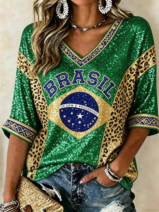 Women's Brasil Football Flag Inspired Leopard Colorblock Print Mid-length Sleeves V-Neck T-Shirt