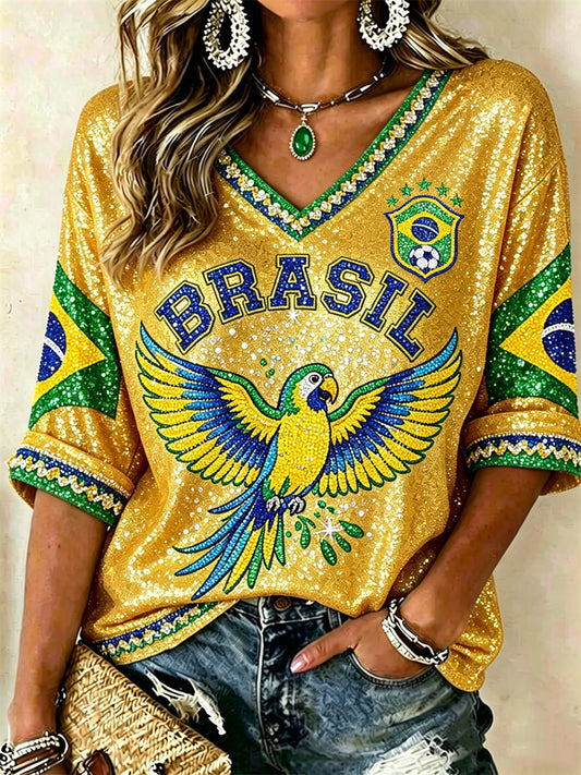 Women's Brasil Football Flying Macaw Flag Glitter Print Mid-length Sleeves V-Neck T-Shirt