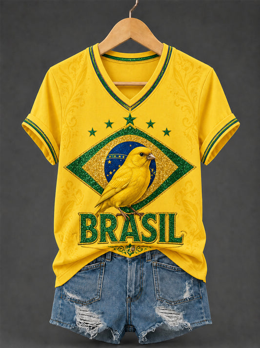 Women's Brasil Print Casual V-Neck Tee