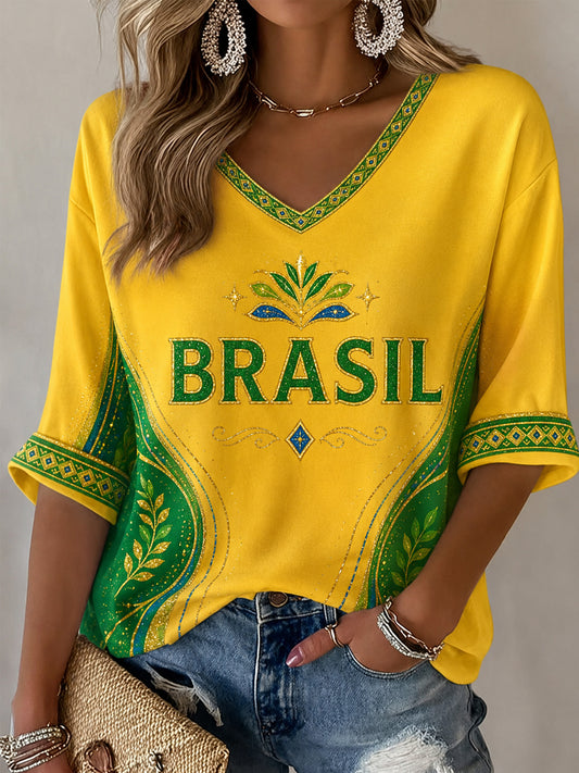 Women's Brasil Print Casual Half-Sleeves V-Neck T-Shirt