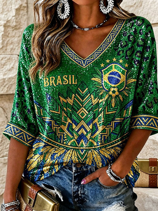 Women's Brazilian Football Inspired Mid-length Sleeves V-Neck T-Shirt