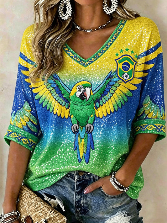 Women's Brasil Football Flying Macaw Flag Gradient Print Mid-length Sleeves V-Neck T-Shirt