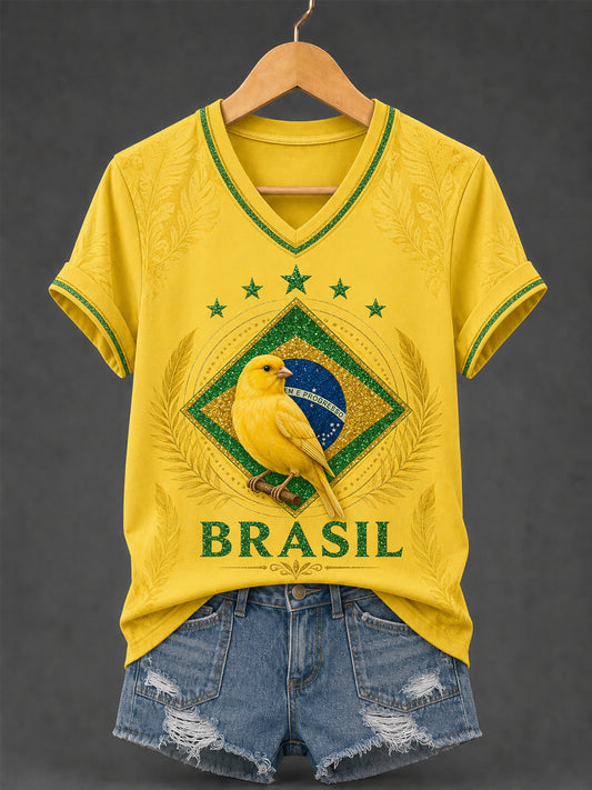 Women's Brasil Print Casual V-Neck Tee